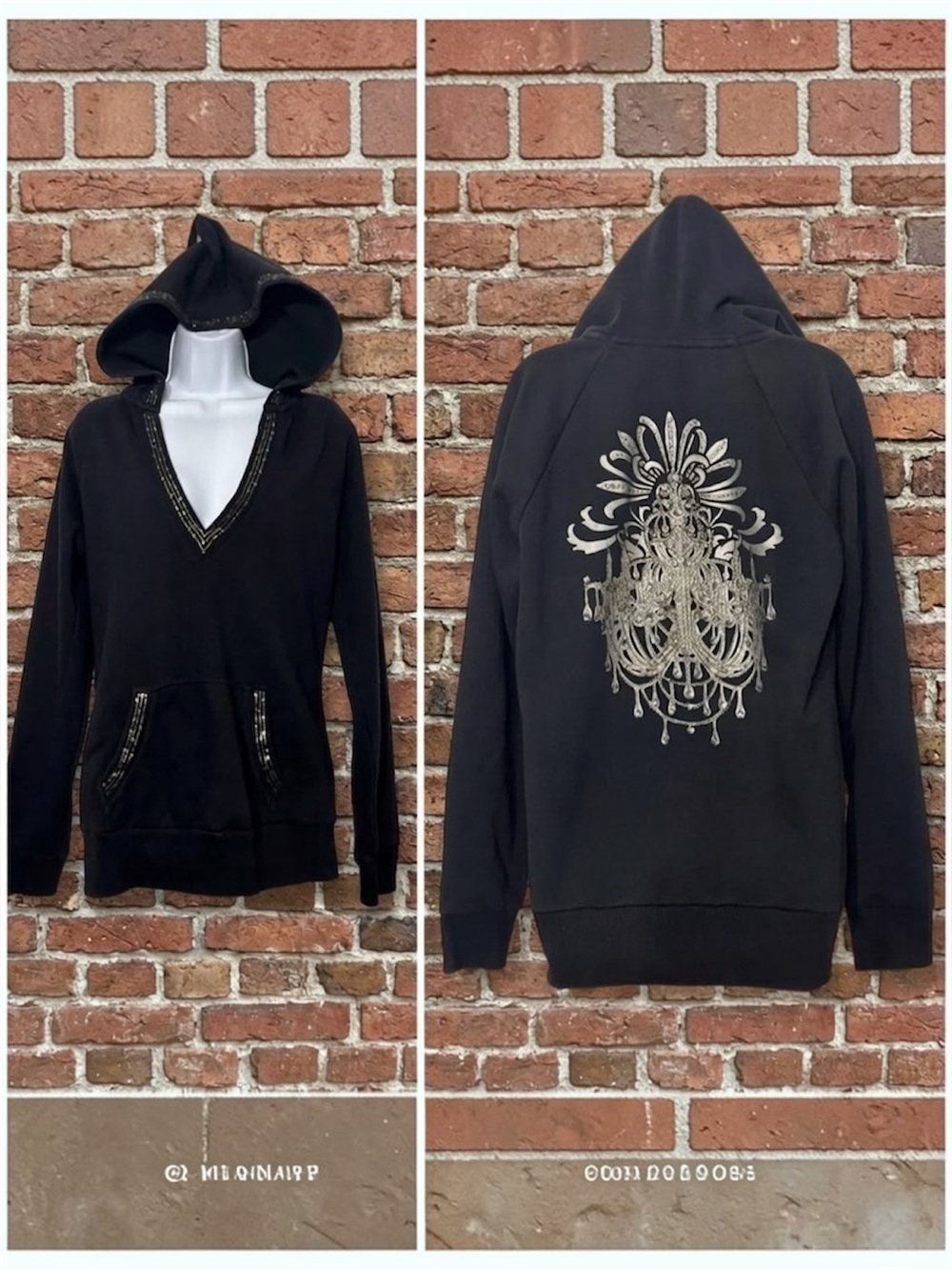VTG Express Y2K Graphic Hoodie Dark Grunge Alternative Rhinestones Goth Large